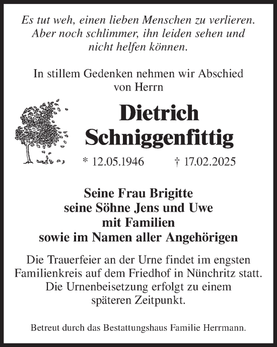 Traueranzeige von Dietrich Schniggenfittig von WochenKurier