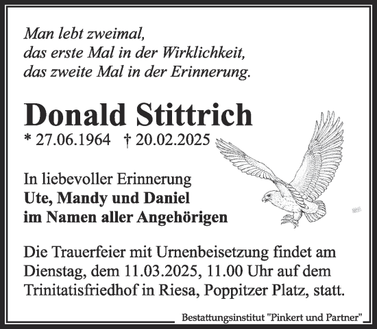 Traueranzeige von Donald Stittrich von WochenKurier