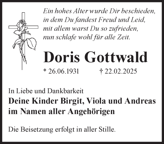 Traueranzeige von Doris Gottwald von WochenKurier