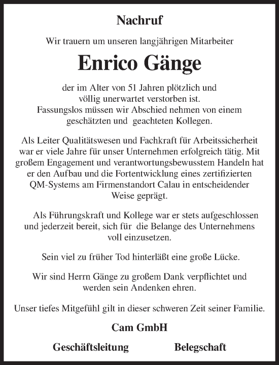 Traueranzeige von Enrico Gänge von WochenKurier