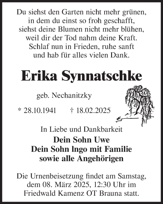 Traueranzeige von Erika Synnatschke von WochenKurier