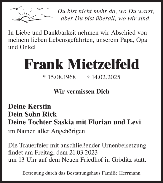 Traueranzeige von Frank Mietzelfeld von WochenKurier