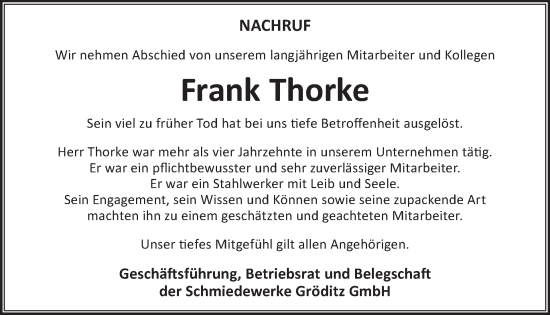 Traueranzeige von Frank Thorke von WochenKurier