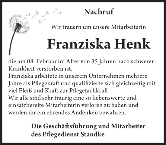 Traueranzeige von Franziska Henk von WochenKurier