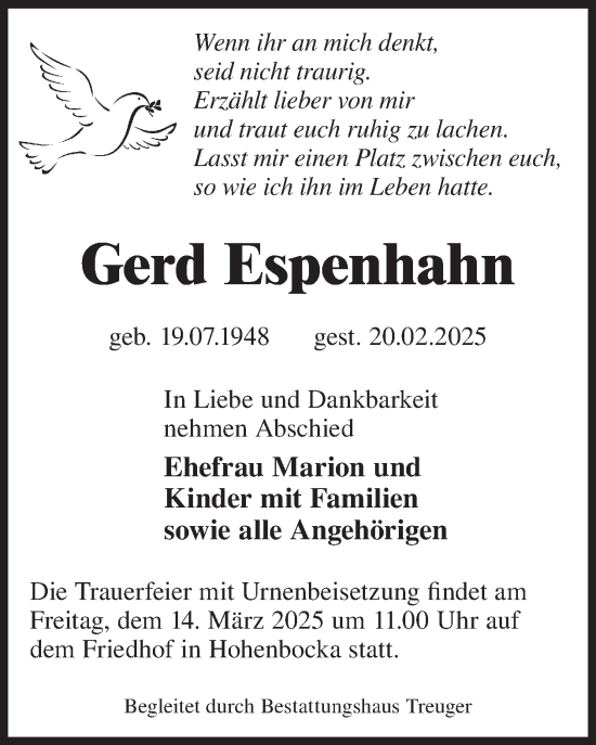 Traueranzeige von Gerd Espenhahn von WochenKurier