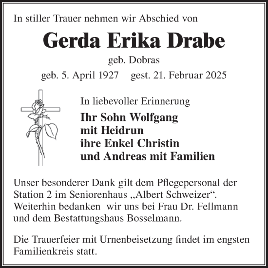 Traueranzeige von Gerda Erika Drabe von WochenKurier