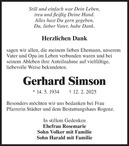 Traueranzeige von Gerhard Simson von WochenKurier