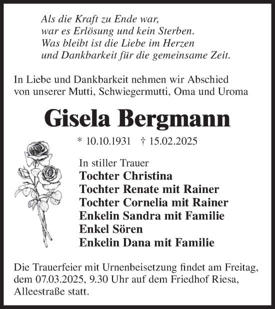 Traueranzeige von Gisela Bergmann von WochenKurier