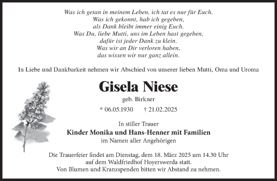 Traueranzeige von Gisela Niese von WochenKurier