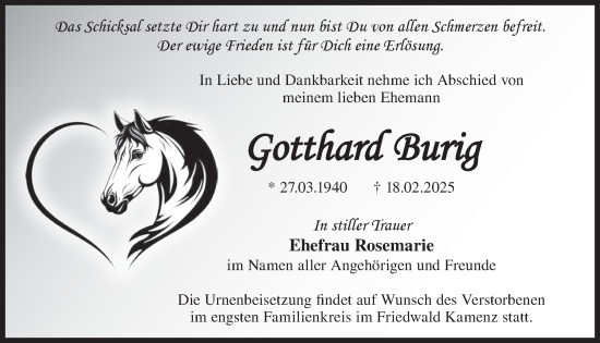 Traueranzeige von Gotthard Burig von WochenKurier