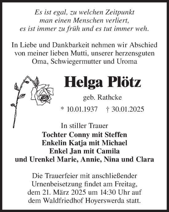 Traueranzeige von Helga Plötz von WochenKurier