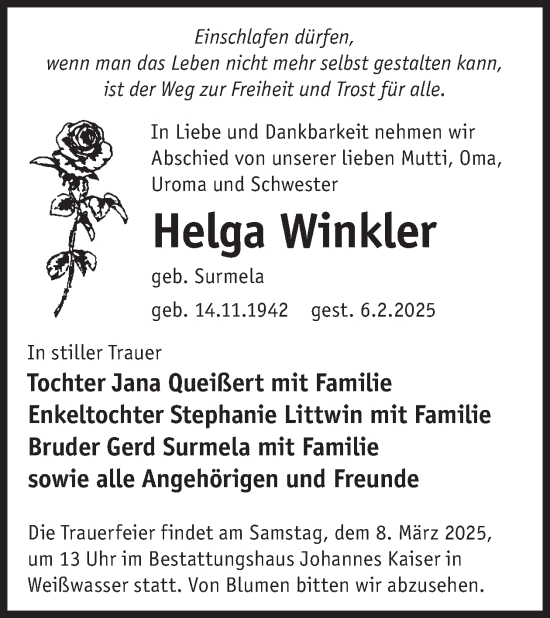 Traueranzeige von Helga Winkler von WochenKurier