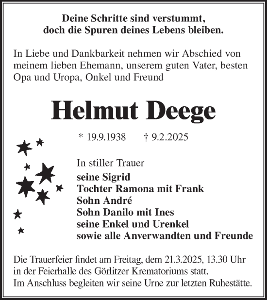 Traueranzeige von Helmut Deege von WochenKurier