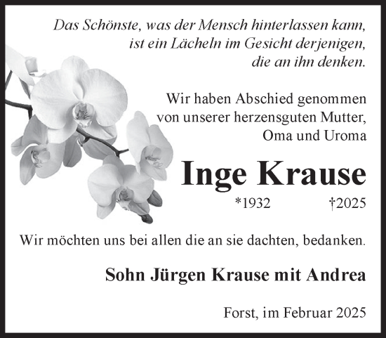 Traueranzeige von Inge Krause von WochenKurier