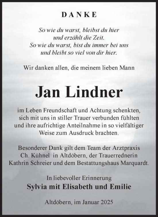 Traueranzeige von Jan Lindner von WochenKurier