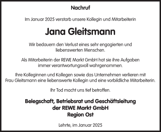 Traueranzeige von Jana Gleitsmann von WochenKurier