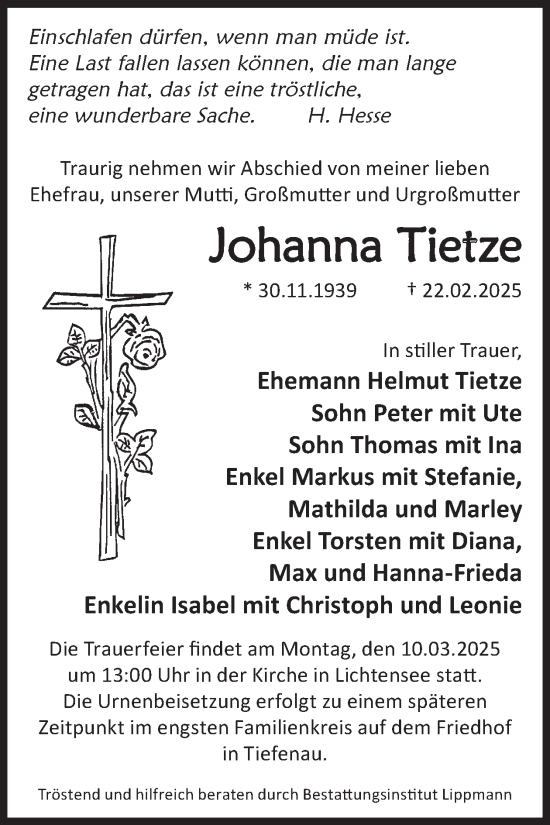 Traueranzeige von Johanna Tietze von WochenKurier