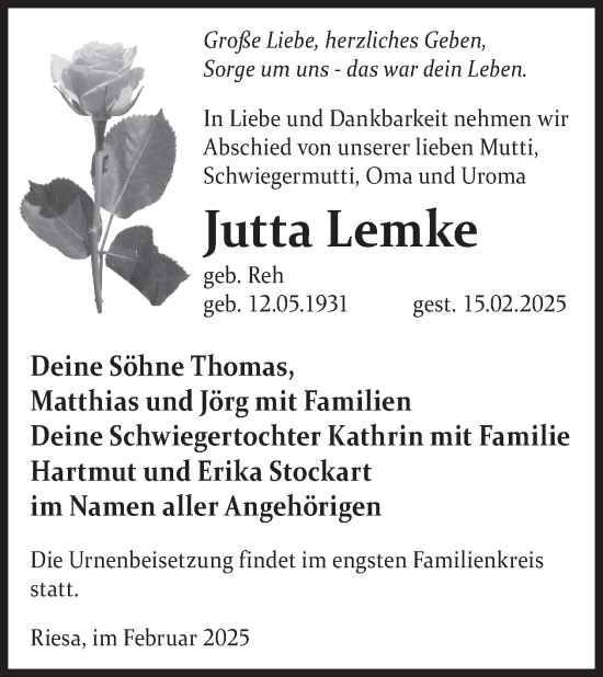 Traueranzeige von Jutta Lemke von WochenKurier