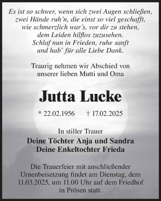 Traueranzeige von Jutta Lucke von WochenKurier