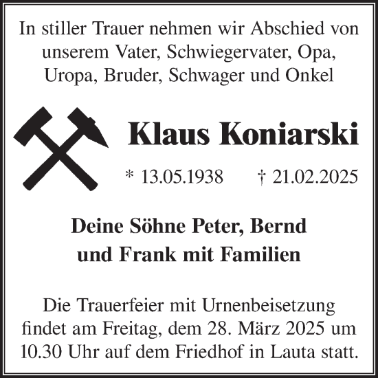 Traueranzeige von Klaus Koniarski von WochenKurier