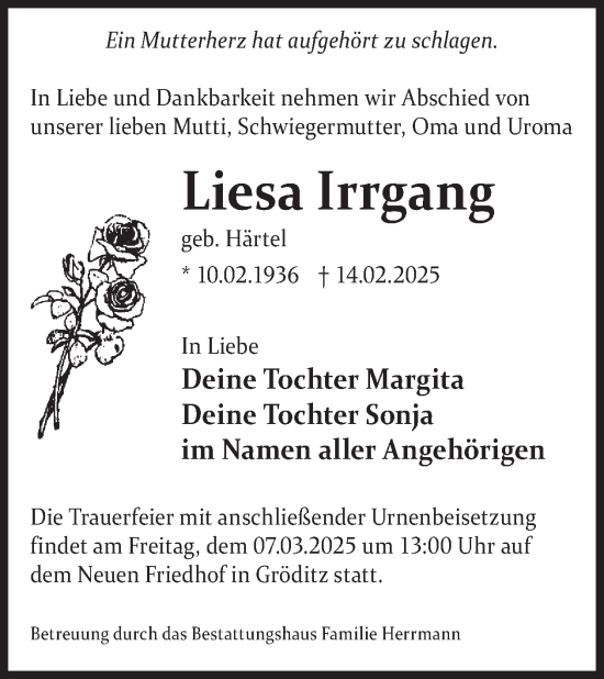 Traueranzeige von Liesa Irrgang von WochenKurier