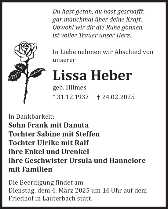 Traueranzeige von Lissa Heber von WochenKurier