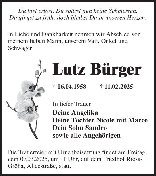 Traueranzeige von Lutz Bürger von WochenKurier