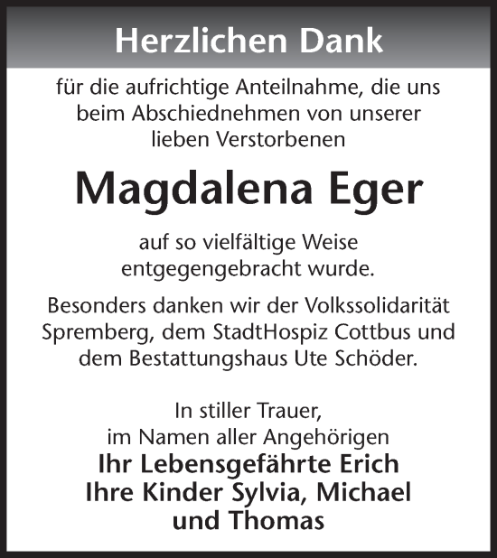 Traueranzeige von Magdalena Eger von WochenKurier