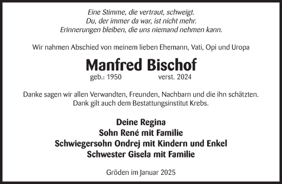 Traueranzeige von Manfred Bischof von WochenKurier