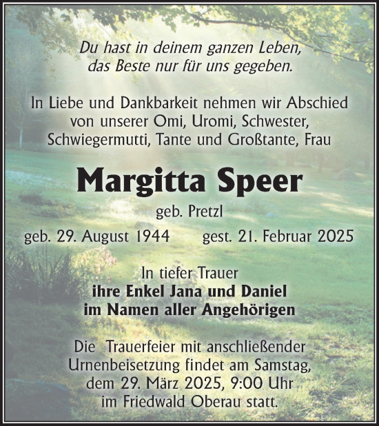 Traueranzeige von Margitta Speer von WochenKurier