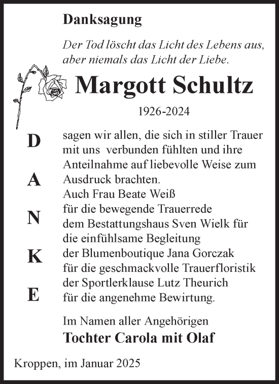 Traueranzeige von Margott Schultz von WochenKurier