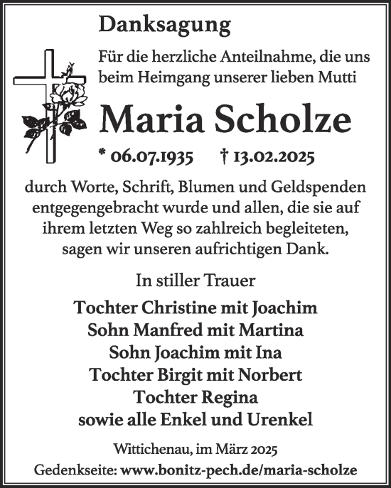 Traueranzeige von Maria Scholze von WochenKurier