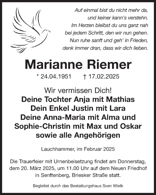 Traueranzeige von Marianne Riemer von WochenKurier