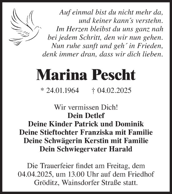 Traueranzeige von Marina Pescht von WochenKurier