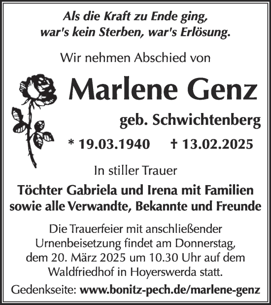 Traueranzeige von Marlene Genz von WochenKurier