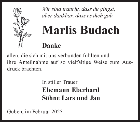 Traueranzeige von Marlis Budach von WochenKurier