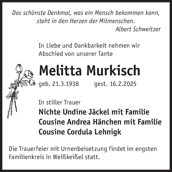 Traueranzeige von Melitta Murkisch von WochenKurier