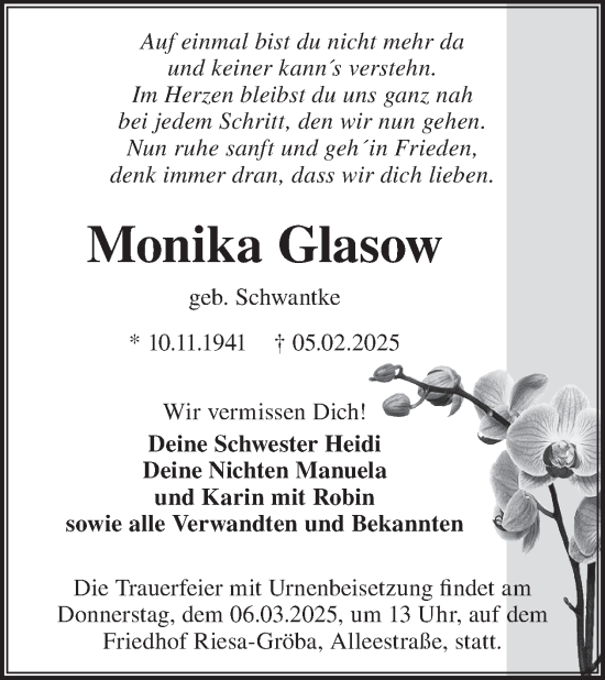 Traueranzeige von Monika Glasow von WochenKurier