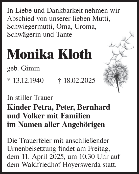 Traueranzeige von Monika Kloth von WochenKurier