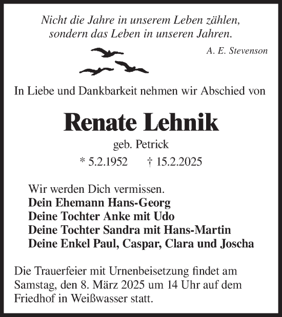 Traueranzeige von Renate Lehnik von WochenKurier