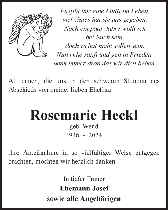 Traueranzeige von Rosemarie Heckl von WochenKurier