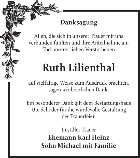 Traueranzeige von Ruth Lilienthal von WochenKurier