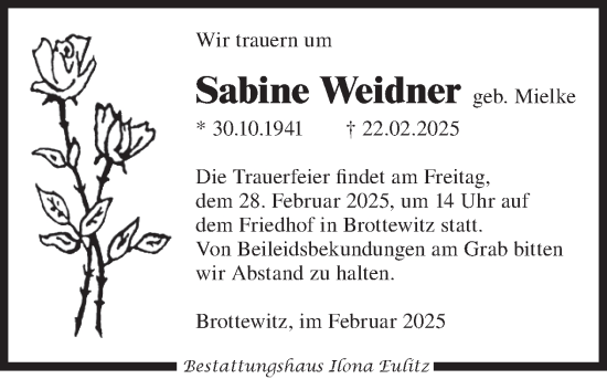 Traueranzeige von Sabine Weidner von WochenKurier