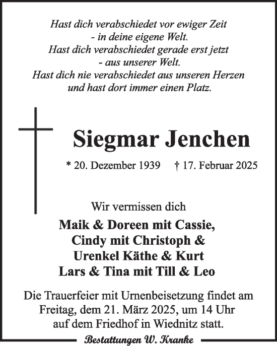 Traueranzeige von Siegmar Jenchen von WochenKurier