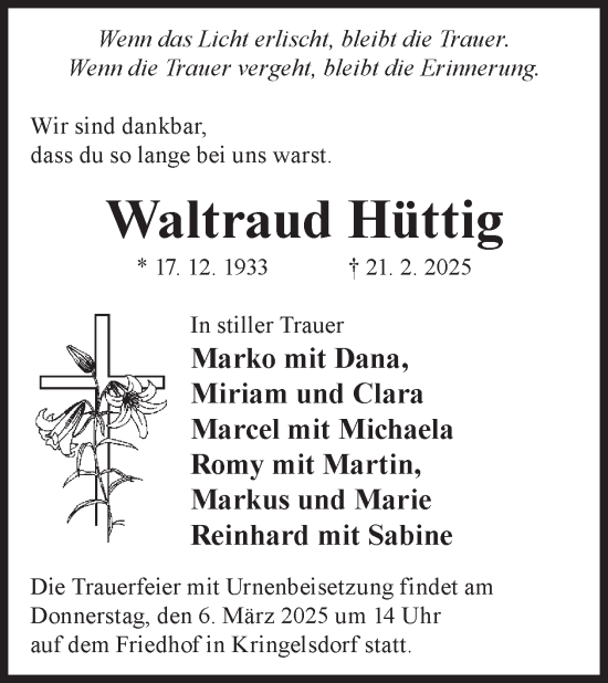 Traueranzeige von Waltraud Hüttig von WochenKurier