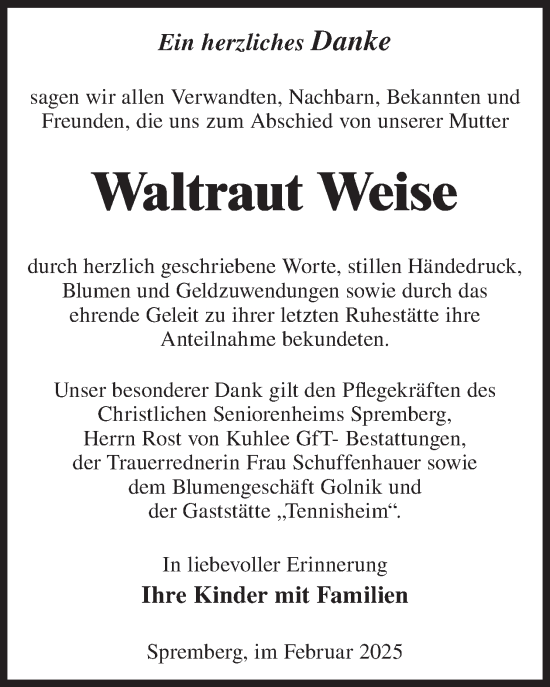 Traueranzeige von Waltraut Weise von WochenKurier