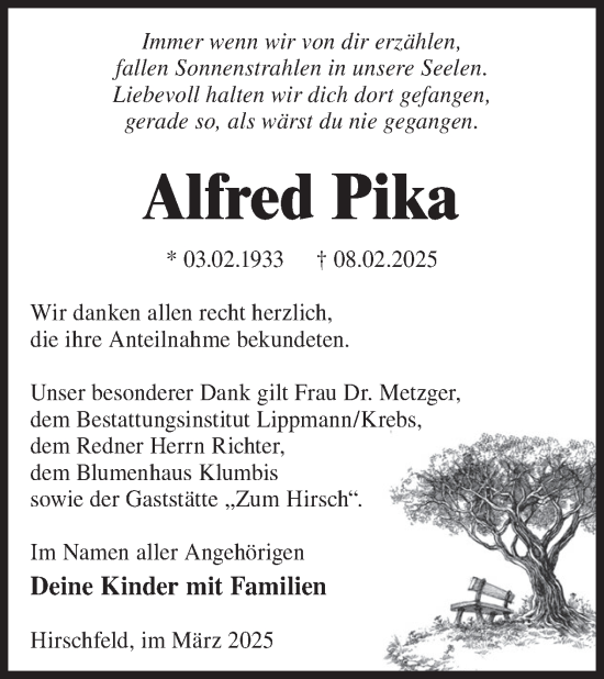 Traueranzeige von Alfred Pika von WochenKurier