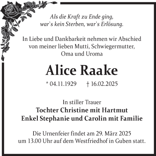 Traueranzeige von Alice Raake von WochenKurier