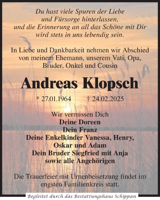 Traueranzeige von Andreas Klopsch von WochenKurier