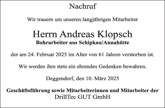 Traueranzeige von Andreas Klopsch von WochenKurier